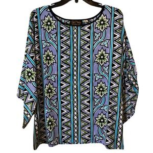 Bob Macke Wearable Art Women's Blouse Medium Geometric Blue Lavendar Floral